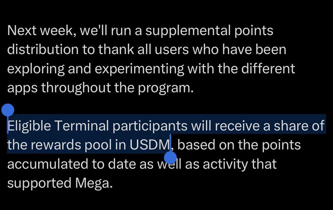 The image shows a text message or email that says "Next week, we'll run a supplementary points distribution to thank all users who have been exploring and experimenting with the different apps throughout the program." The message also mentions that there are rewards available for those who participate in the Terminal sunset announcement.