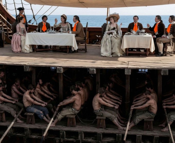 The image shows a group of people sitting at tables with food and drinks, possibly enjoying a meal together or celebrating an event. The setting appears to be a boat, as evidenced by the presence of several boats visible in the background. The scene also includes a person wearing a hat, which adds a unique element to the overall atmosphere.