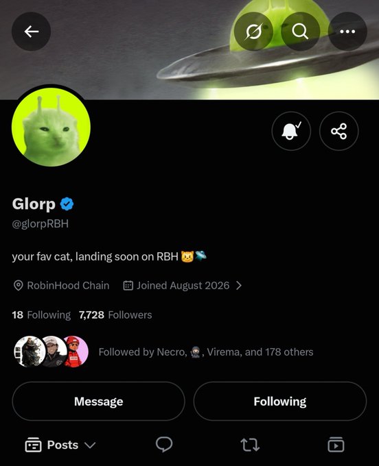 A social media profile screenshot for 'Glorp' (@glorpRBH) featuring a green cat avatar, with the bio reading 'your fav cat, landing soon on RBH', noting 18 Following and 7,728 Followers, joined August 2026.
