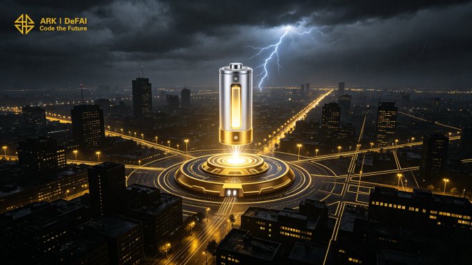 A glowing battery hovers above a futuristic city with concentric energy rings radiating outward under a stormy sky with lightning, while the "ARK | DeFAI" logo and "Code the Future" tagline appear in the top-left corner. The image visually reinforces the post's theme of "charging up" and powering AI progress, symbolizing the energy and momentum behind ARK's AI agent ecosystem.