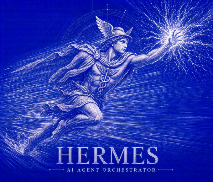 A stylized illustration of Hermes, the Greek god, soaring through a deep blue background while channeling lightning from his outstretched hand, with text reading "HERMES — AI Agent Orchestrator" at the bottom. The image ties to the post by visually representing the "Hermes Agent" tool mentioned, evoking the swift messenger god as a fitting mascot for an efficient AI coding assistant.