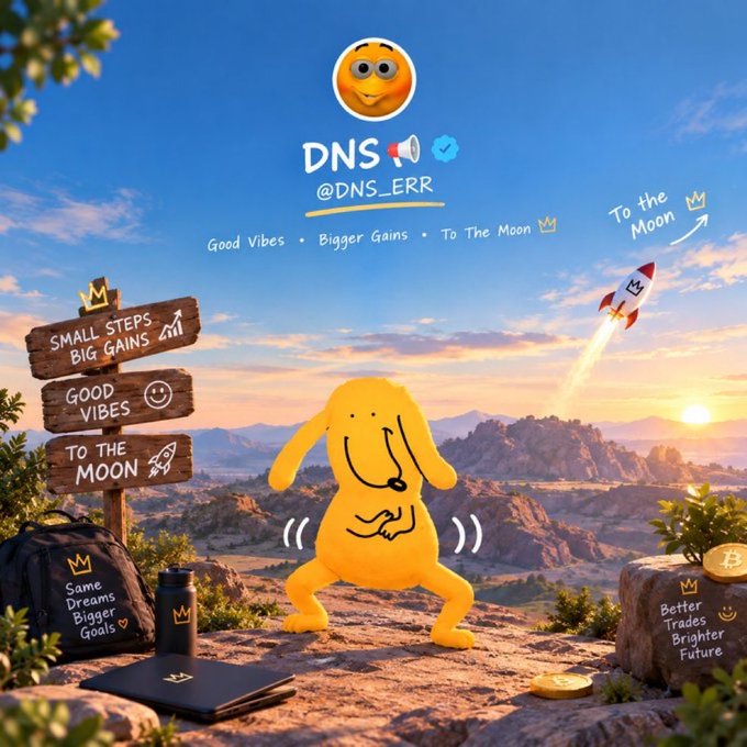 A yellow cartoon character strikes a confident "dabbing" pose on a rock with signs reading "Small Steps Big Gains," "Good Vibes," and "To The Moon," while the @DNS_ERR logo and tagline "Good Vibes • Bigger Gains • To The Moon" appear above. The image humorously ties into the post's theme of celebrating DNS as the #1 Pons memecoin, with the dabbing pose symbolizing triumph over critics who "crash out" and the "Good Vibes" motto reinforcing the dismissive attitude toward sellers' complaints about "bundled" coins and bad price action.