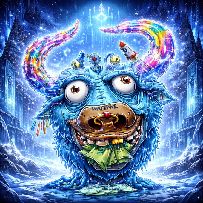 A vibrant, psychedelic digital illustration depicts a blue furry monster with rainbow horns, bulging eyes, and a gold nose ring reading 'WAGMI', set against a crystalline fantasy background.