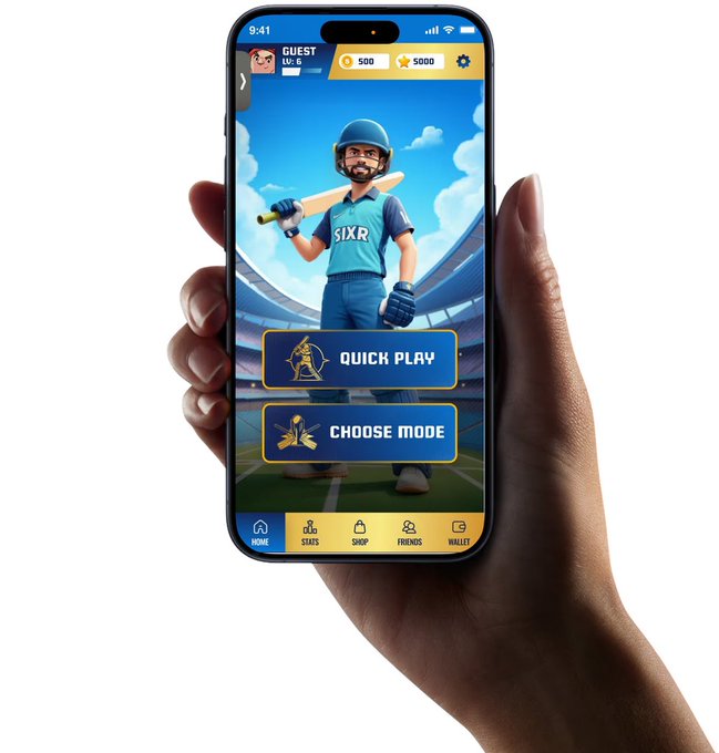 A hand holds a smartphone displaying a cricket game app with 'QUICK PLAY' and 'CHOOSE MODE' buttons, featuring an animated cricketer character named 'GUEST LV. 1' on the home screen.