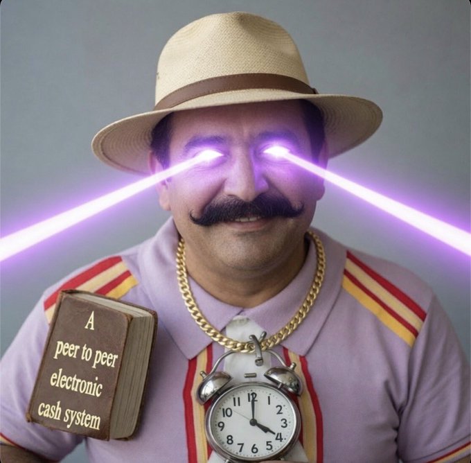 A man with a mustache and hat has glowing purple laser beams shooting from his eyes, while a book on his shoulder reads 'A peer to peer electronic cash system' and an alarm clock hangs from his gold chain.