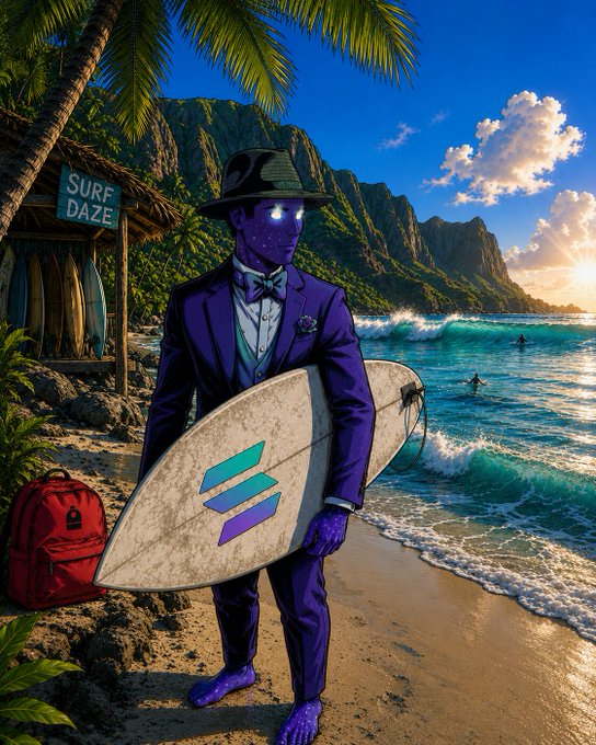 A digital illustration depicts a purple-skinned man in a purple suit and fedora holding a surfboard on a tropical beach, with a 'SURF DAZE' sign nearby.