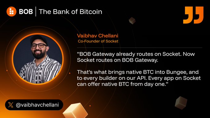 A promotional graphic featuring a quote from Vaibhav Chellani, Co-Founder of Socket, highlighted against a black background with orange accents. The quote states: "BOB Gateway already routes on Socket. Now Socket routes on BOB Gateway. That's what brings native BTC into Bungee, and to every builder on our API. Every app on Socket can offer native BTC from day one." His X handle "@vaibhavchellani" is displayed below his portrait, emphasizing a partner endorsement of BOB Gateway's integration capabilities.