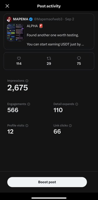 A mobile screenshot showing post activity analytics from user 'MAPEMA' (@Mapemaofweb3), displaying metrics including 2,675 impressions, 566 engagements, 110 detail expands, 12 profile visits, and 66 link clicks.