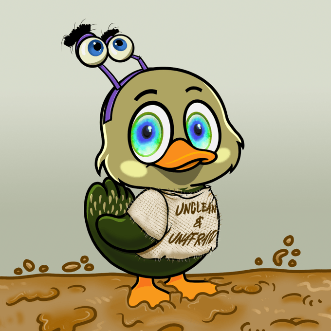 A cartoon illustration of a green duck-like bird character with large blue eyes, holding a scroll labeled 'UNCLEAN & UNFAIR' while standing in mud.