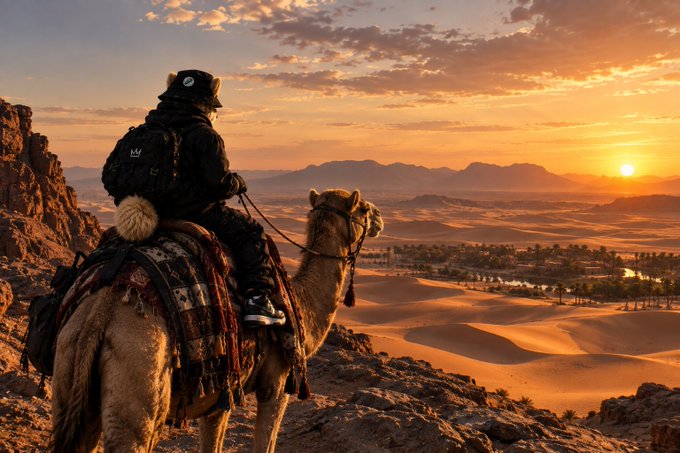 A figure in a black hooded outfit rides a camel overlooking a vast desert landscape with rolling sand dunes at sunset.