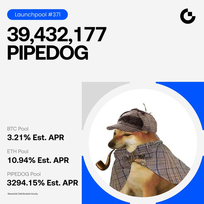 This image is a Gate.io Launchpool #371 promotional graphic showcasing a 39,432,177 PIPEDOG token mining event, featuring a dog dressed in a Sherlock Holmes-style detective outfit with a deerstalker hat and pipe. The graphic highlights three staking pools with estimated APRs: BTC Pool at 3.21%, ETH Pool at 10.94%, and PIPEDOG Pool at 3294.15%, with hourly reward distributions running from August 17-31.
