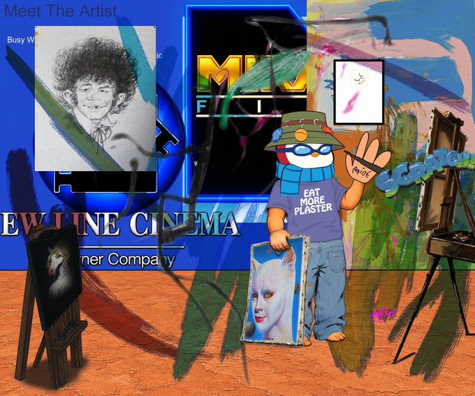 A chaotic digital collage featuring a cartoon figure in a blue "EAT MORE PLASTER" shirt, holding a painting of a pale face, set against a background with a pencil sketch of a smiling man and "New Line Cinema" text.