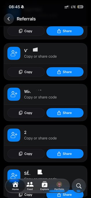 A mobile app screen showing a 'Referrals' page with several 'Copy or share code' options and Share buttons.