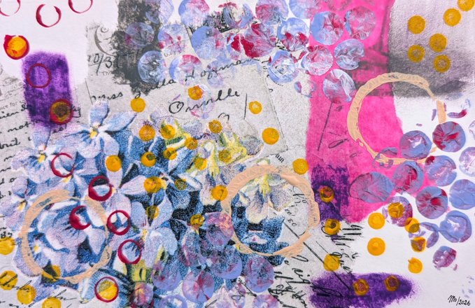 A colorful abstract mixed-media artwork featuring blue hydrangea flowers, yellow and pink dots, handwritten text fragments, and the word 'Omell' visible in the background.