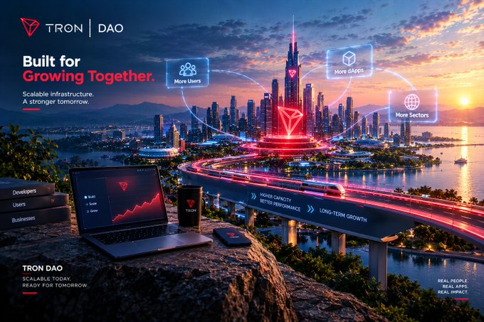 A promotional banner for "TRON DAO" with the tagline "Built for Growing Together.", featuring a cityscape, a laptop, smartphone, and icons for "More Users", "More dApps", and "More Sectors".