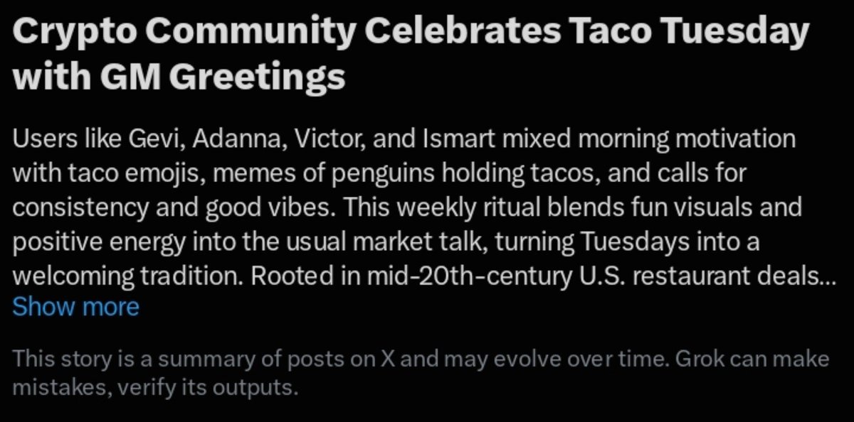 A screenshot of a Grok-generated story titled "Crypto Community Celebrates Taco Tuesday with GM Greetings," highlighting users like Gevi, Adanna, Victor, and Ismart sharing taco emojis, penguin memes, and motivational posts as part of a weekly tradition, tying into the post noting that Gevi has been trending this week.