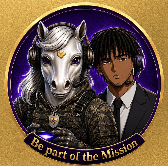 An anime-style emblem featuring a white unicorn with a heart on its forehead and a dark-skinned man with dreadlocks, both wearing headsets, with the text 'Be part of the Mission'.