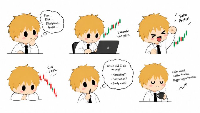 A six-panel chibi illustration depicts a young blonde character going through the emotional stages of trading: planning, executing, taking profit, cutting losses, self-reflection, and composure.
