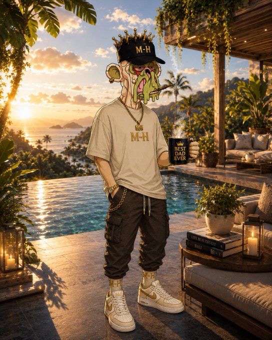 A digital illustration of a cartoon monkey character wearing a crown, cap, and gold chains with 'M-H' branding, standing in a luxurious tropical villa setting by an infinity pool at sunset.