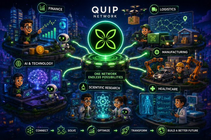 The image is a vibrant promotional graphic for **QUIP NETWORK**, showcasing its central logo surrounded by six interconnected sectors: **Finance, Logistics, Manufacturing, AI & Technology, Scientific Research, and Healthcare**—each illustrated with cartoon professionals and futuristic technology. The tagline "ONE NETWORK ENDLESS POSSIBILITIES" appears at the center, with a bottom banner outlining the process: **Connect → Solve → Optimize → Transform → Build a Better Future**, directly supporting the post's message about Quip Network's broad, multi-industry approach.