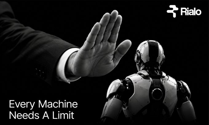 A Rialo advertisement showing a human hand raised in a stop gesture toward a humanoid robot, with the tagline 'Every Machine Needs A Limit.'
