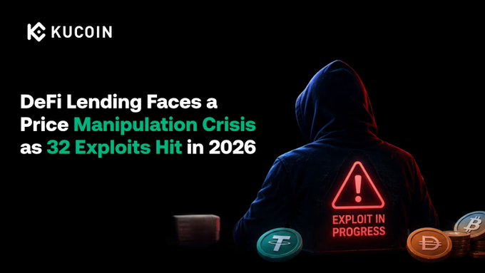 A KuCoin promotional graphic features a hooded figure with a glowing red "EXPLOIT IN PROGRESS" warning sign, surrounded by stacks and coins of Tether, Bitcoin, and DASH, highlighting the headline "DeFi Lending Faces a Price Manipulation Crisis as 32 Exploits Hit in 2026." The dark, ominous imagery of an anonymous hacker paired with cryptocurrency assets visually reinforces the post's alert about the record surge in DeFi lending exploits and price manipulation attacks.