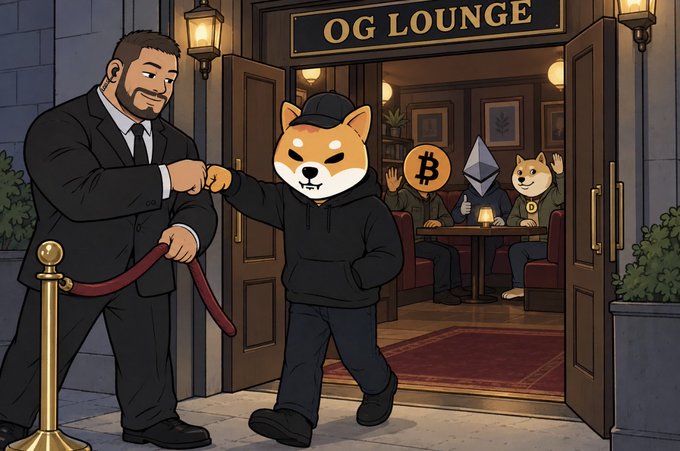 A Shiba Inu dog wearing a cap and black hoodie walks into the "OG LOUNGE" past a friendly bouncer, greeted by other crypto mascots including a Bitcoin (₿) character and an Ethereum (Ξ) figure seated at a table inside—illustrating the post's theme of belonging in a familiar crypto community where no identification is required.