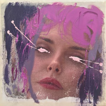 An artistic portrait of a woman's face with pink paint strokes, dripping paint accents over her eyes, and red lipstick against a blue background.