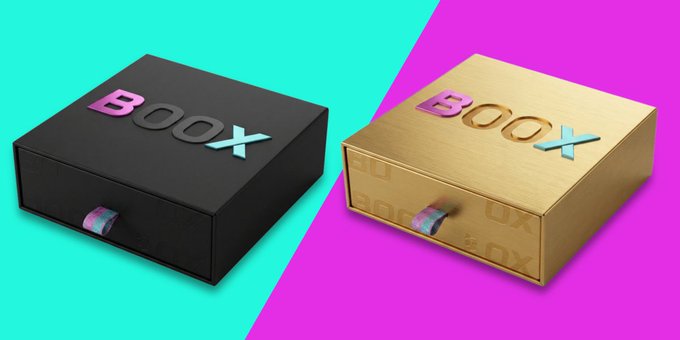 Two box designs labeled 'BOOX' are displayed side by side—one black box on a turquoise background and one gold box on a magenta background, each with a colorful tab.