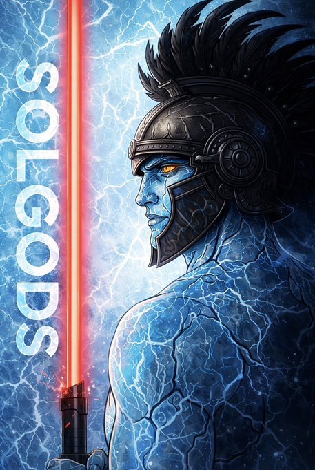 A blue-skinned warrior with glowing eyes wearing a Roman-style helmet holds a red sword, with the text 'SOLGODS' displayed.
