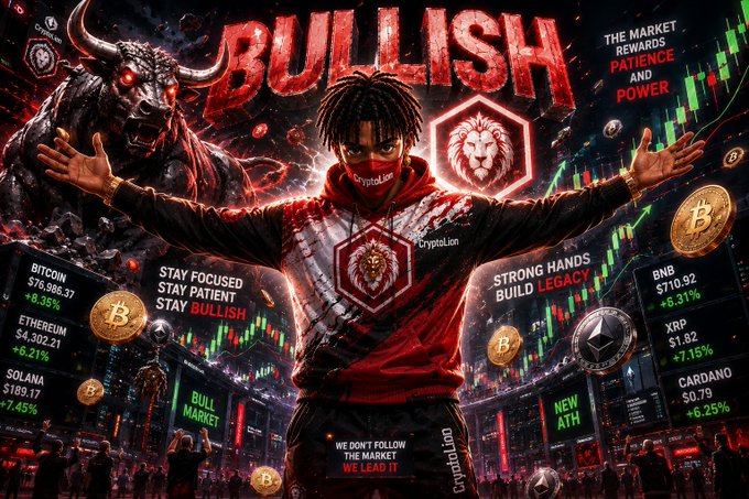 A promotional graphic titled 'BULLISH' featuring a person in a red and black outfit with arms outstretched, surrounded by cryptocurrency tickers including BITCOIN, ETHEREUM, SOLANA, XRP, BNB, and CARDANO with their respective prices and percentage changes.