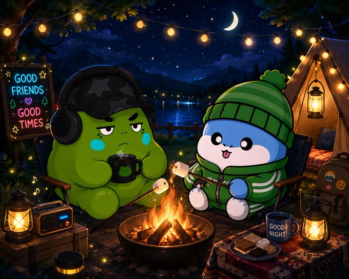 A cute cartoon scene of two characters roasting marshmallows by a campfire at night, with a 'GOOD FRIENDS GOOD TIMES' neon sign and 'GOOD NIGHT' mug.