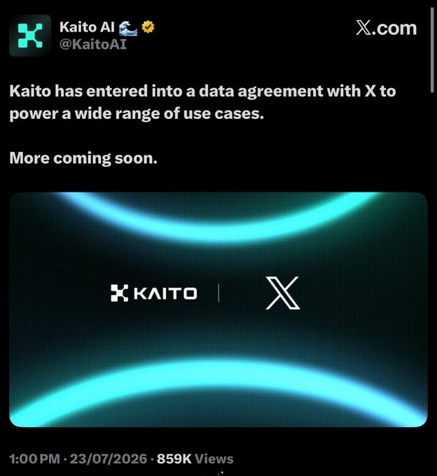 A tweet from Kaito AI (@KaitoAI) announces a data agreement with X, featuring the logos of both companies on a dark background with glowing teal accents. The image is paired with a joking caption teasing someone new to crypto who missed Kaito's previous struggles and is now celebrating their return, implying the partnership marks a comeback for the AI project.