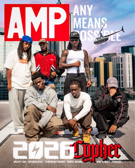 The promotional poster for the "AMP Any Means Possible" 2026 Cypher features six rappers posed on a rooftop with a city skyline and helicopter in the background, with their names listed at the bottom: AGENT OO, IMDAROSS, CHRISNATDOOR, DUKE DENNY, KAI LEHAT, and FANUM. The poster's release date "9/17/26" displayed at the bottom aligns with the post's announcement that the cypher is dropping on Thursday, 9/17/26.