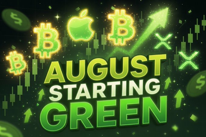 A crypto-themed graphic with green text reading 'AUGUST STARTING GREEN' surrounded by Bitcoin logos, an Apple logo, XRP symbols, and upward arrows on a candlestick chart background.