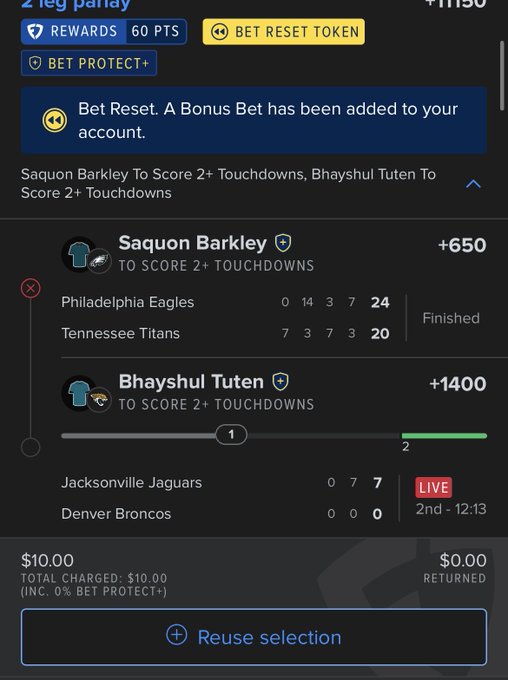 A mobile sportsbook screenshot shows a $10.00 2-leg parlay on Saquon Barkley (+650) and Bhayshul Tuten (+1400) both to score 2+ touchdowns, with the Eagles/Titans leg already finished as a win (24-20) while the Jaguars/Broncos leg remains LIVE in the 2nd quarter with the Jaguars leading 7-0. The poster's "free as air" comment reflects their confidence that Saquon hit, despite the parlay still needing Tuten to score twice for the +1400 longshot to cash.