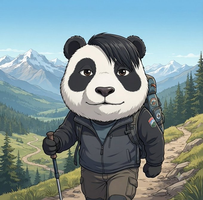 A digital illustration of an anthropomorphic panda wearing a black jacket and backpack, holding a walking stick on a mountain trail with snow-capped peaks in the background.