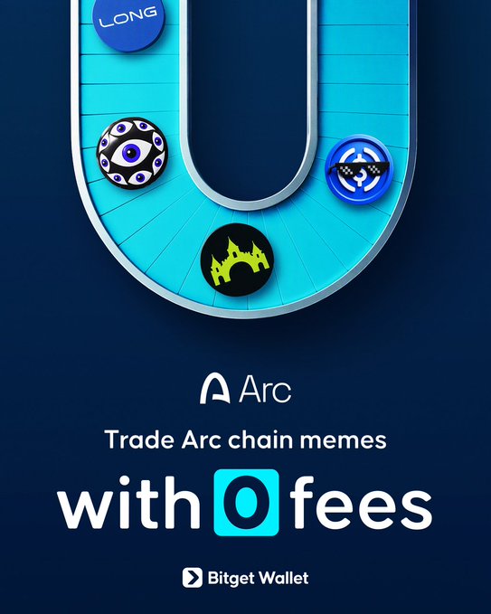 An advertisement for Bitget Wallet promoting 'Trade Arc chain memes with 0 fees' on the Arc network, featuring a U-shaped race track graphic with various token icons.