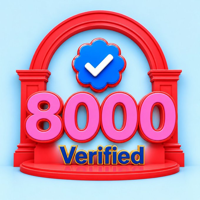 The image features a 3D graphic with large pink "8000" text and "Verified" displayed below it, topped with a blue verification checkmark badge—all framed by a red archway. It visually promotes @AsiaWhales's offer to help gain 8,000 verified followers, reinforcing the social media growth service being advertised.