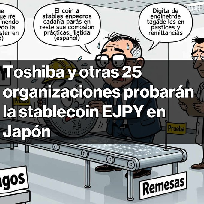 A Spanish-language cartoon illustration with the headline "Toshiba y otras 25 organizaciones probarán la stablecoin EJPY en Japón," showing businessmen discussing the coin at a conveyor belt labeled "Remesas."