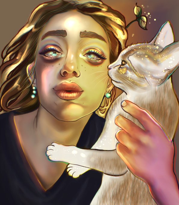 A digital illustration of a woman with green eyes and pearl earrings holding a white cat close to her face, rendered with warm golden lighting.