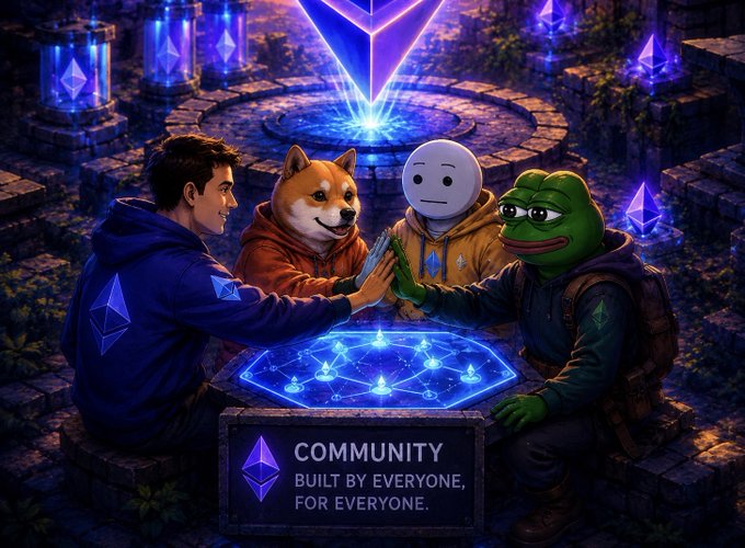 The image features a group of four people sitting around a table with their dogs at an art show, which has a purple background. The text "TOGETHER we're improving the Ethereum frontier by building culture, products, and new onchain experiences for the next era of Ethereum." is displayed above them. This suggests that they are promoting a project or idea related to Ethereum development, possibly focusing on community-building and innovation within the Ethereum ecosystem.