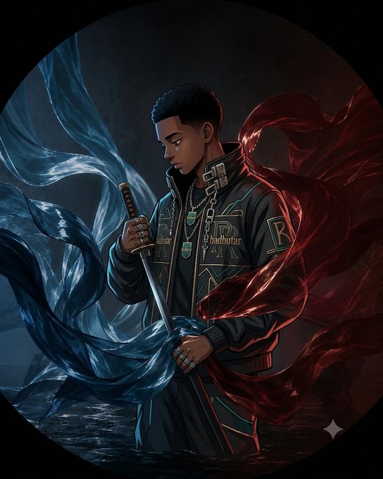 An anime-style digital illustration depicts a young man holding a sword, surrounded by flowing red and blue ethereal fabric, wearing a jacket with the text 'Bbadbutar'.