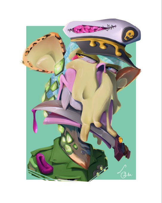 The artwork depicts a stylized, grotesque character featuring a sailor's cap with stitched wounds, melted yellow slime dripping over its face, and green gem-like growths on its body, evoking a Bored Ape-style NFT aesthetic. A signature reading "L. 8/22" appears in the bottom right corner, connecting this original character design to the referenced Mutant Ape collection.