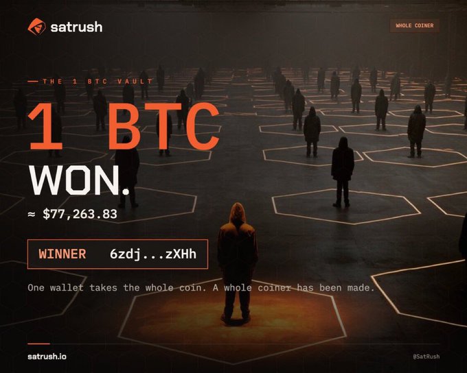 The image is a promotional graphic from SatRush announcing a "1 BTC Vault" winner, showing that 1 BTC (≈$77,263.83) has been claimed by wallet "6zdj...zXHh" with the tagline "One wallet takes the whole coin. A whole coiner has been made." The post reflects on the creator's missed opportunity to win, despite holding 15k tickets (1% chance), and vows to keep accumulating hash rate for the next BTC prize.