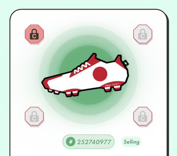 The image features a white shoe with red accents, which appears to be a soccer cleat or boot. The shoe is positioned centrally within the frame of the image. In the background, there are four lockets, each with a different color - red, green, and gray. These lockets are arranged in a circular pattern around the shoe, creating an interesting visual effect. The post includes text that reads "ちなみにW杯2022のスキン無駄にたくさん持ってました #STEPN". This message is related to the image of the white shoe with red accents, as it seems to be a reference or description of the shoe.