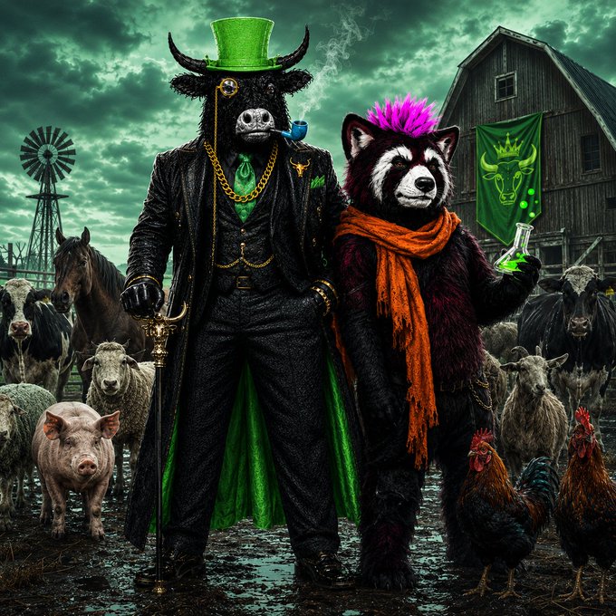 A dapper bull in a green top hat and a punk rock red panda holding a glowing flask stand amidst a chaotic farm scene with cows, pigs, sheep, and roosters, evoking a surreal, rebellious "Farmer's Union" vibe. The post's tag "@FarmerUnionXRPL" suggests this whimsical, crypto-themed image is the mascot crew for the XRP Ledger's farmer union community.