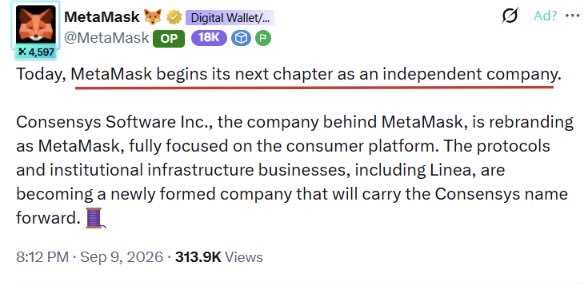 A tweet from @MetaMask announcing that 'Today, MetaMask begins its next chapter as an independent company,' noting that Consensys Software Inc. is rebranding as MetaMask while protocols and institutional infrastructure become a new company carrying the Consensys name. Posted 8:12 PM, Sep 9, 2026, with 313.9K views.