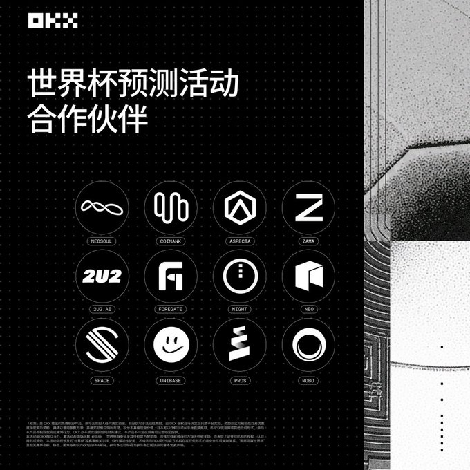 The image features an advertisement for a company named "X Layer". The poster displays various logos and icons related to their ecosystem partners, such as OKX, World Cup Outcomes, and prediction markets. These logos are accompanied by text that highlights the benefits of joining these ecosystems, including increased rewards and more ways to play. The overall design is modern and visually appealing, showcasing the company's commitment to innovation and creativity in their ecosystem partnerships.