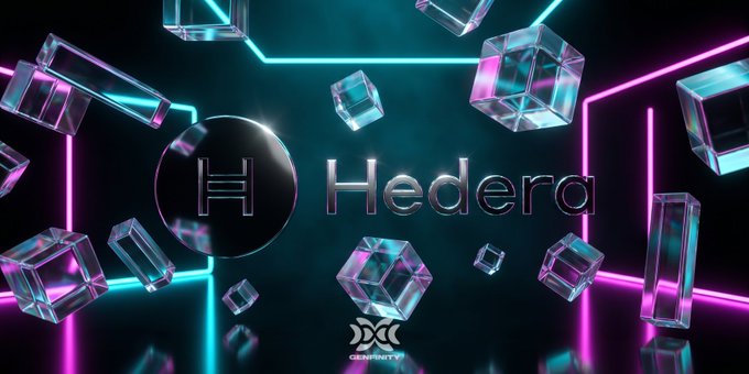 The image shows a vibrant display of various colored cubes, predominantly in shades of pink, blue, and purple, arranged together against a black background with neon lights and neon letters spelling "HEDERA" written at the top center of the screen. The text also mentions a gathering or event for institutions on May 202nd, specifically involving the Council, the Association for Cryptocurrency Regulation (Regtech), Accenture, and other companies related to Blockchain technology. This gathering is likely focused around the Hedera conference in Miami Beach, Florida.